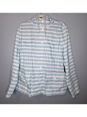 Women’s Talbots Small Blue White Striped Rain Jacket Zip Snap Button Hooded